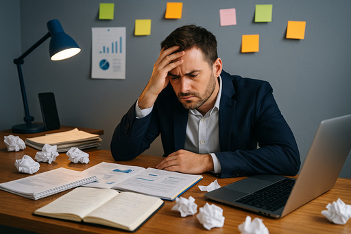 A professional leader surrounded by a chaotic mix of papers, sticky notes, and devices—symbolising information overload.
