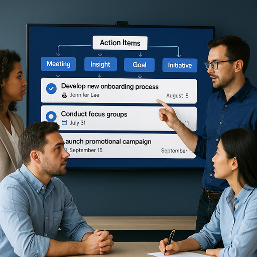People looking at a screen showing how actions link to things like meetings, insights, goals and initiatives