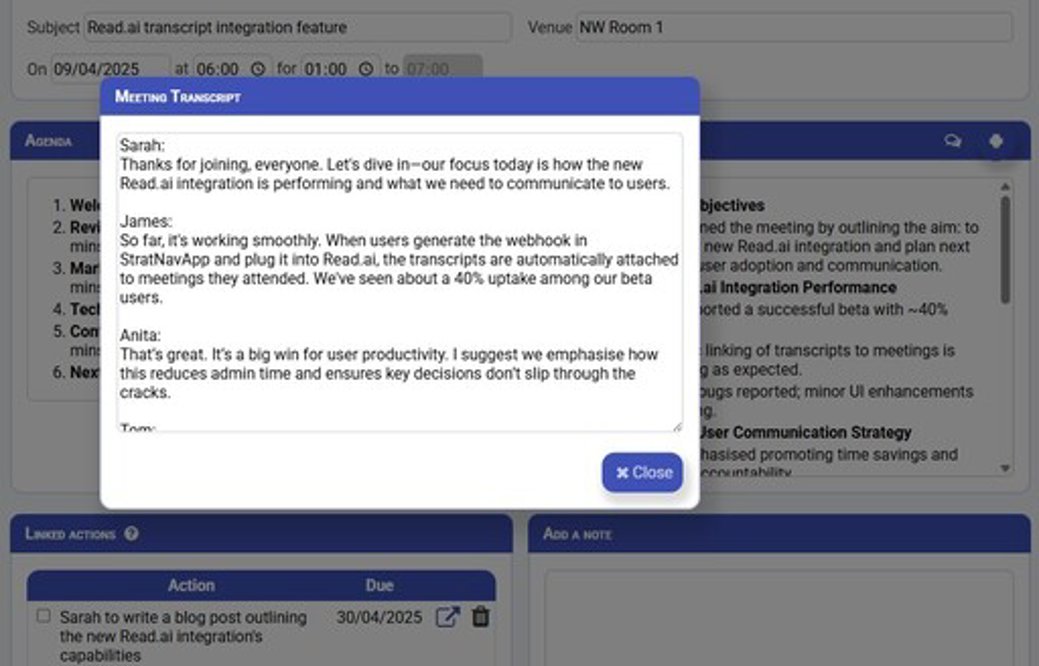 A screen dump showing the meeting transcript feature.