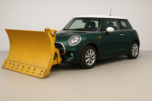 A picture of a Mini Cooper with a grader blade on the front of it