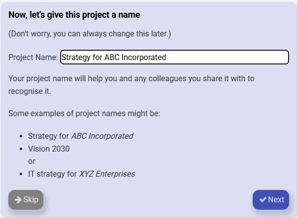 The Project Name screen on the Create a New Project Wizard