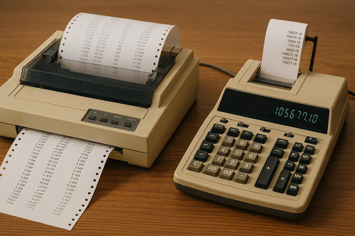 A picture of a dot matrix printer and an adding machine