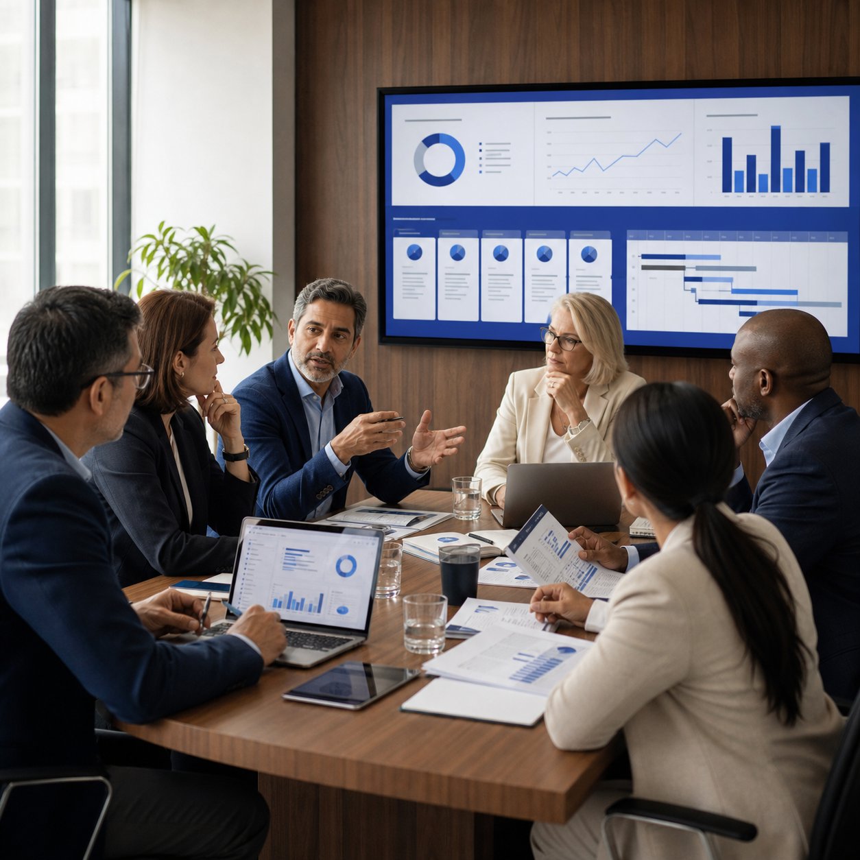 Executives sitting around a boardroom discussing strategy