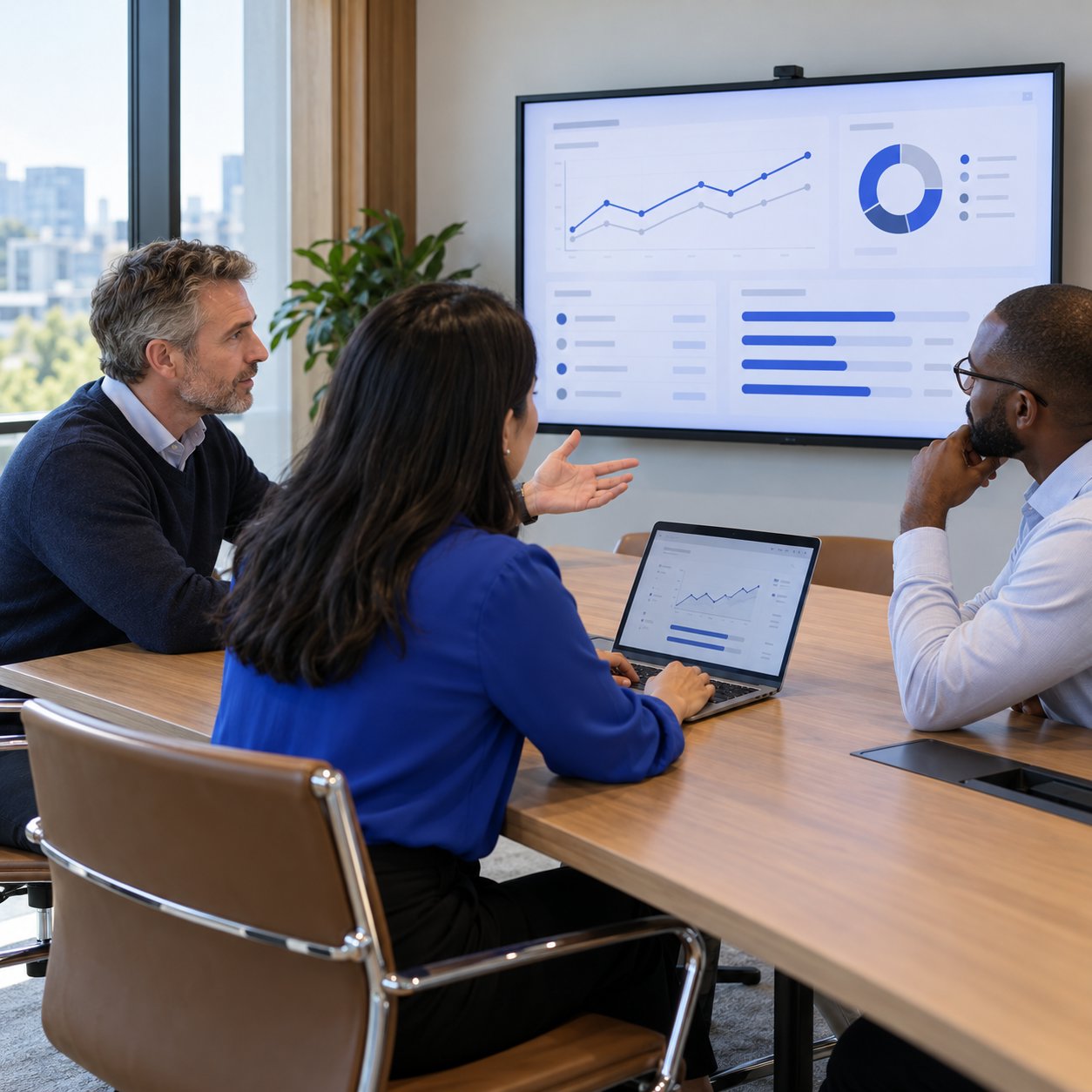 A consultant and two clients review strategy progress online together.