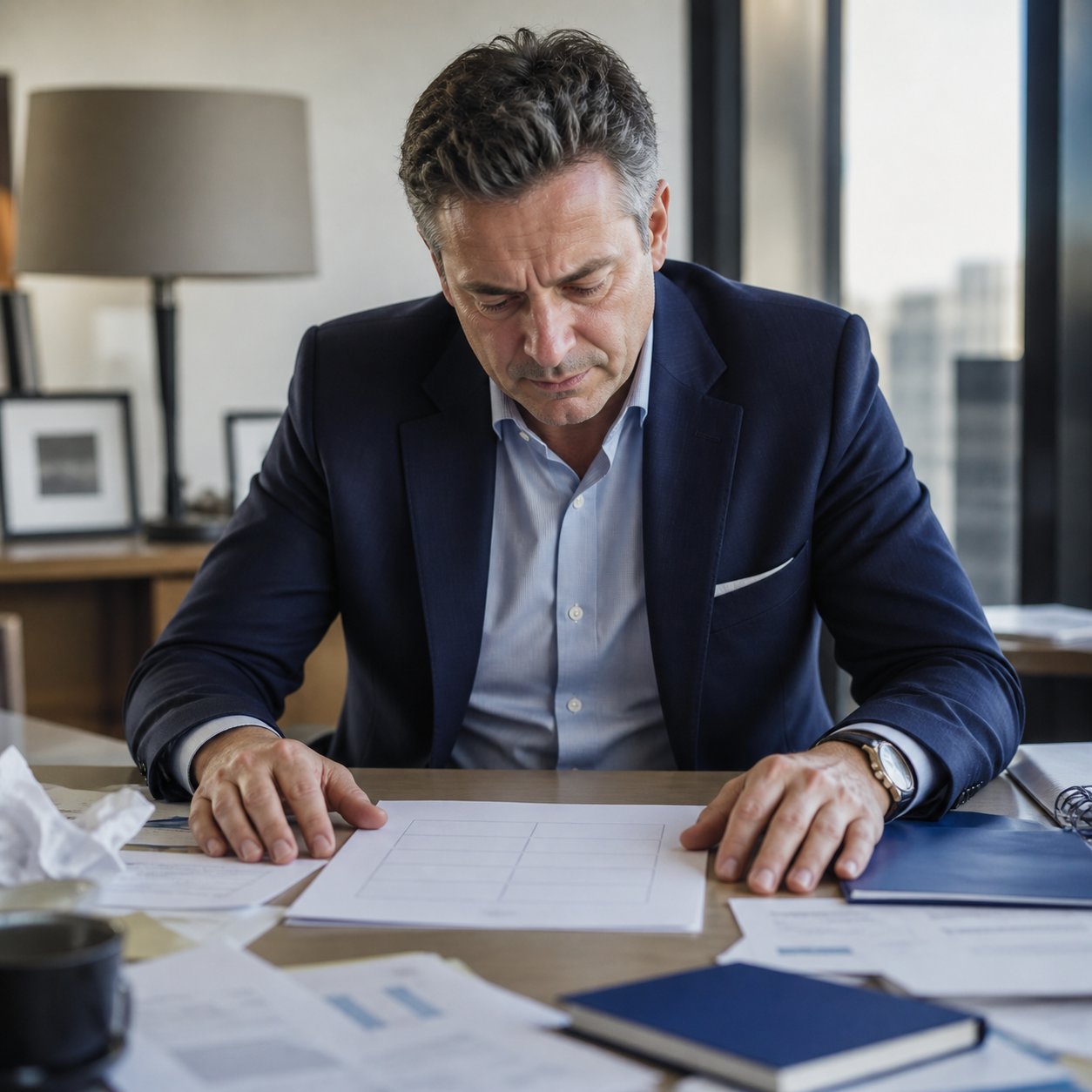 A frustrated executive looking at a blank sheet of paper
