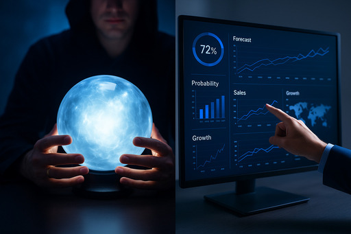 A split-screen image—on one side, a person holding a glowing crystal ball (symbolising foresight and scenario thinking); on the other, a sleek digital dashboard with probabilities, charts, and AI analytics (symbolising superforecasting).