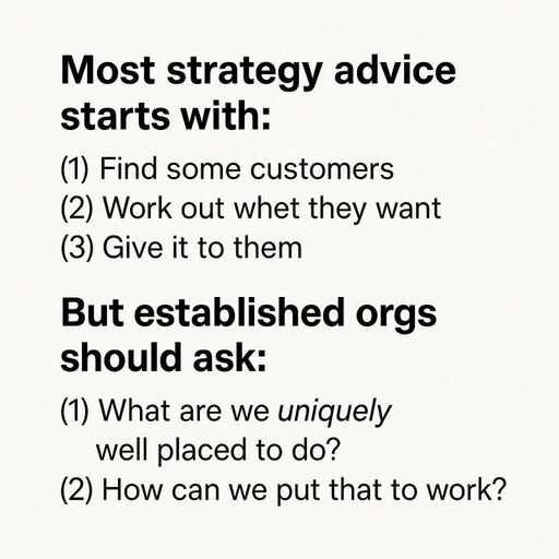 Text summary of the questions to ask for startups versus mature organisations