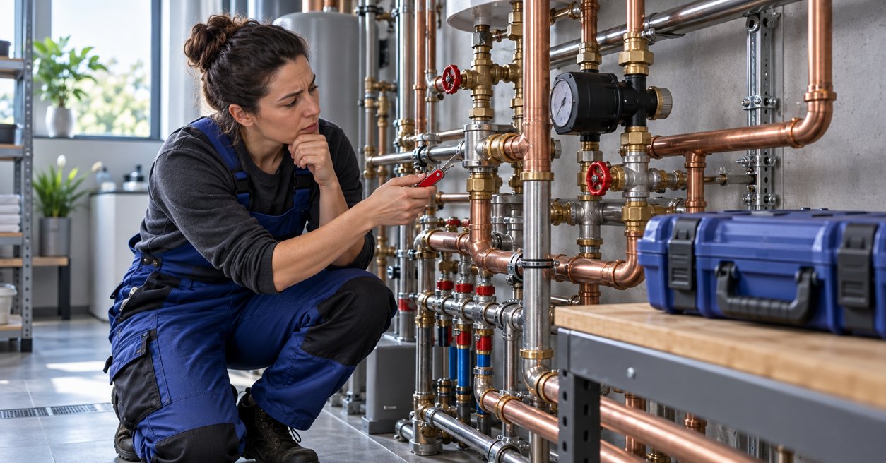 A plumber trying to fix some pipes with a Swiss Army knife