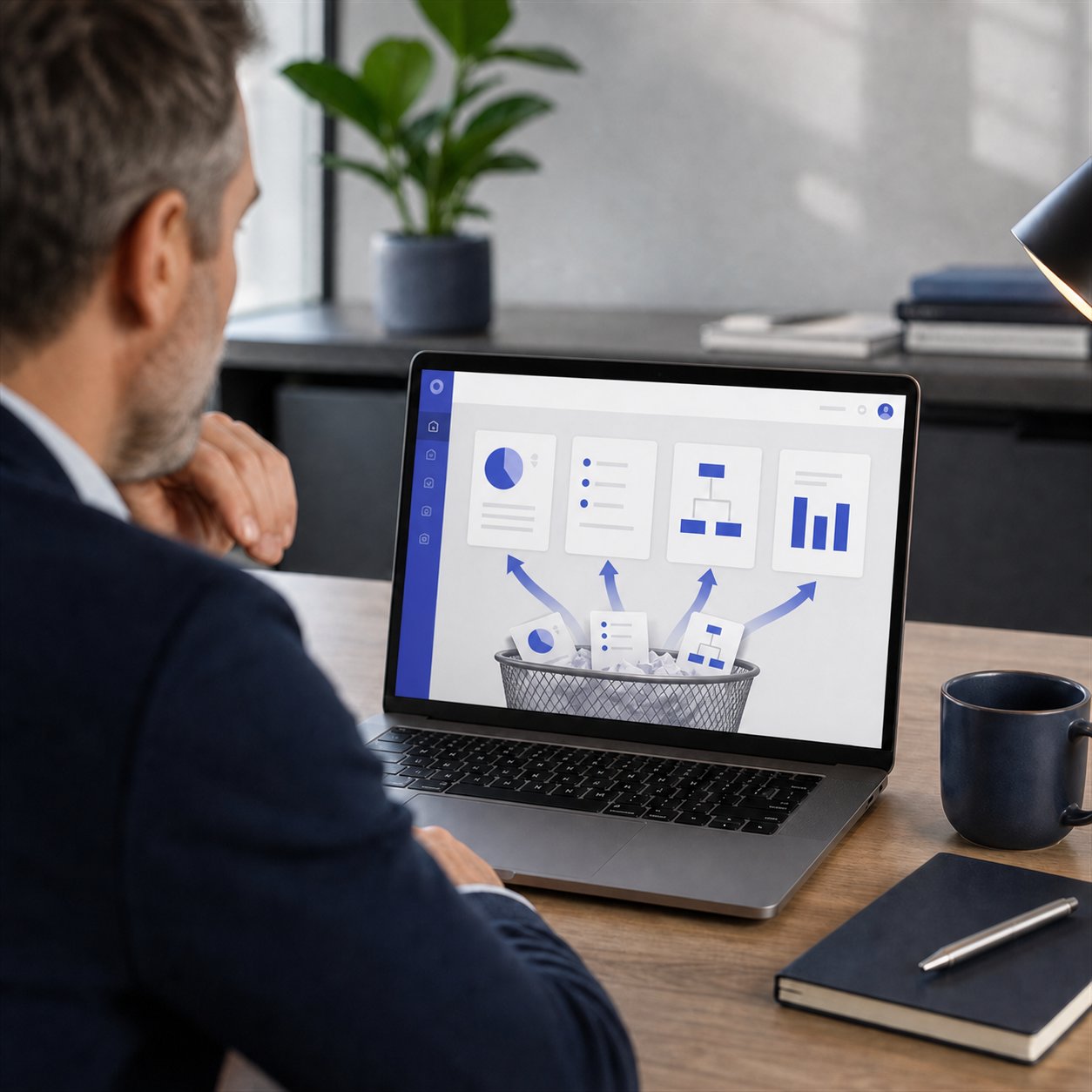 An executive looking at a computer showing a trashcan with digital assets being recycled from it