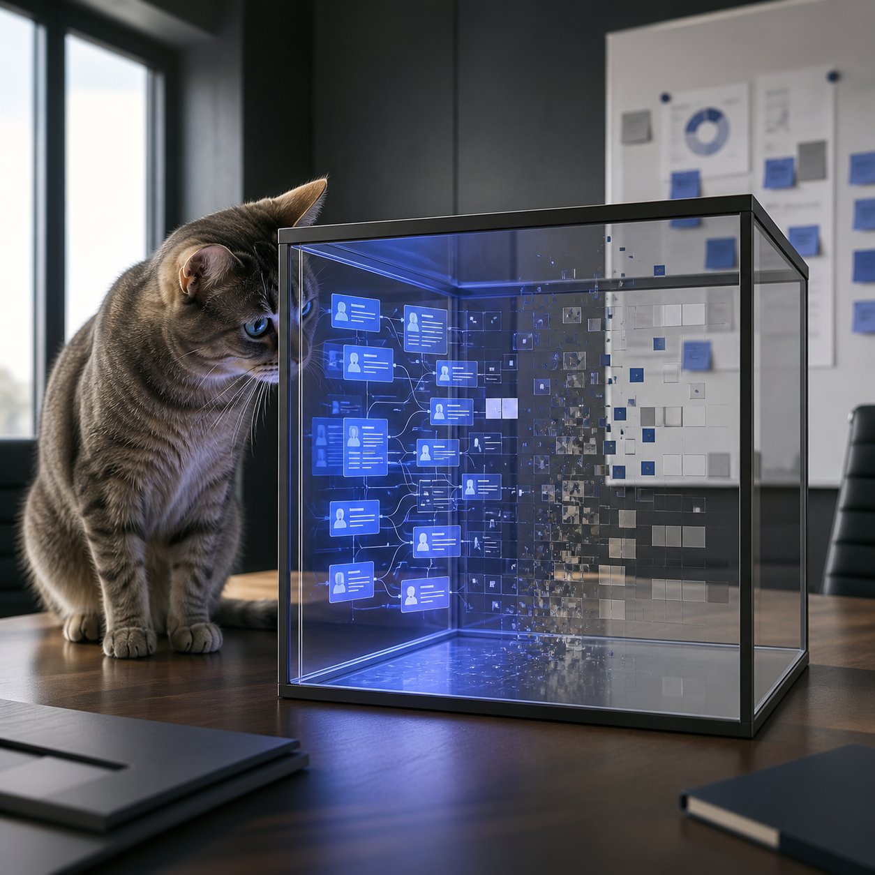 A cat staring into a box containing a CRM.