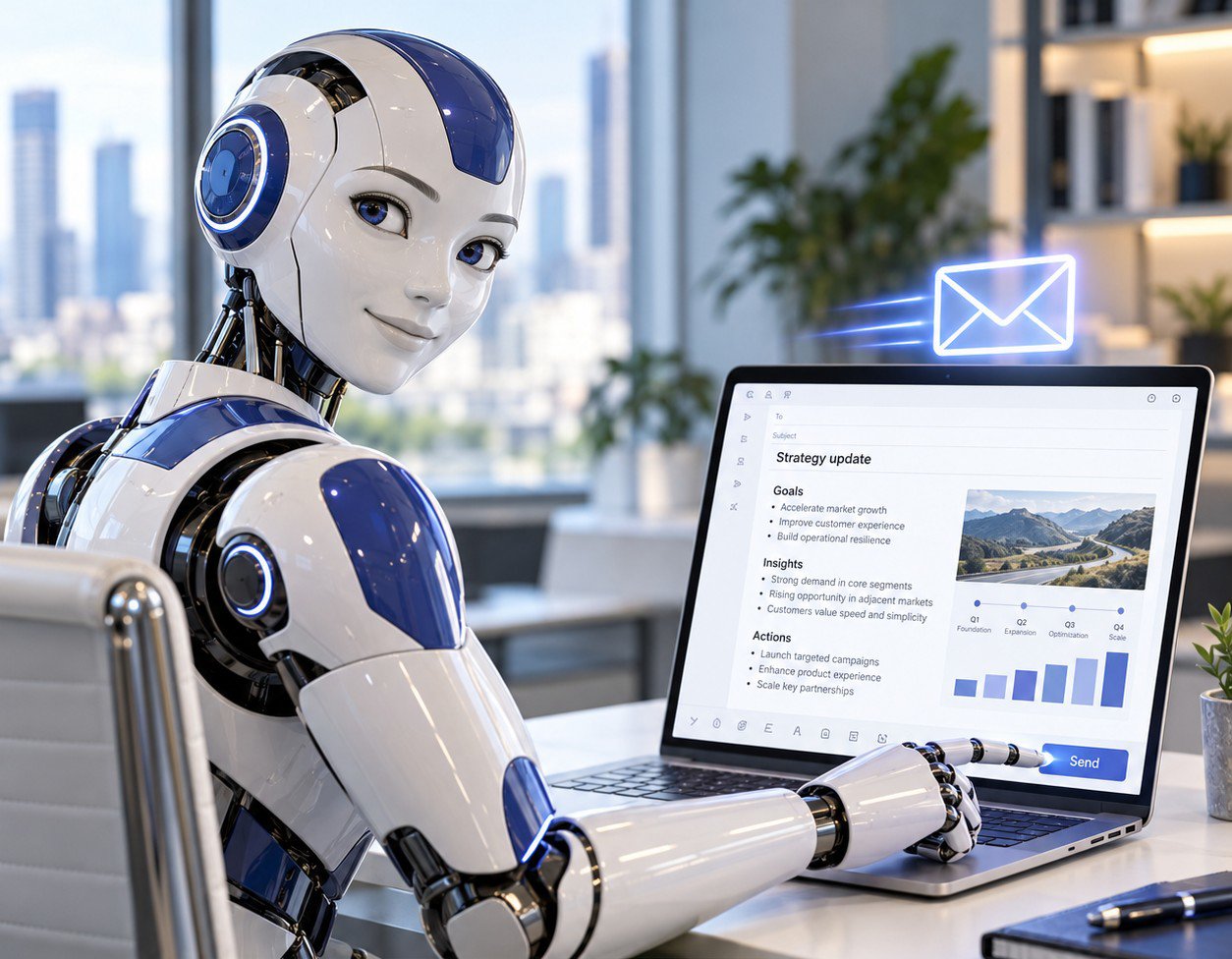 A robot sending an email about strategy