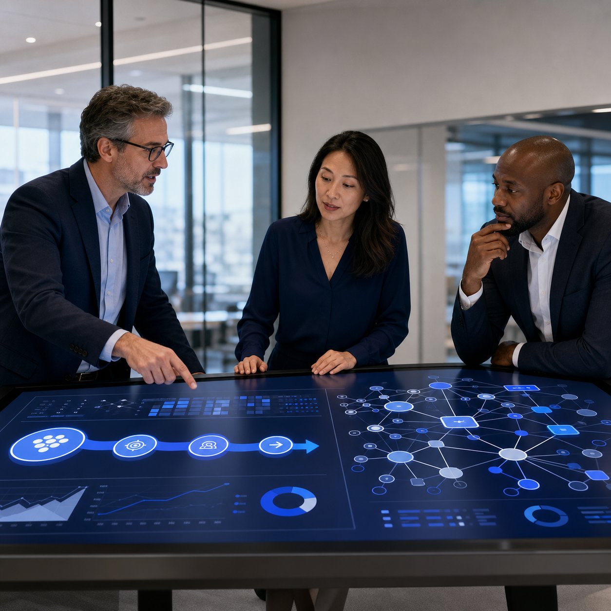 A leadership team at a decision point between a clear, focused strategic route and a dense network of enterprise projects.