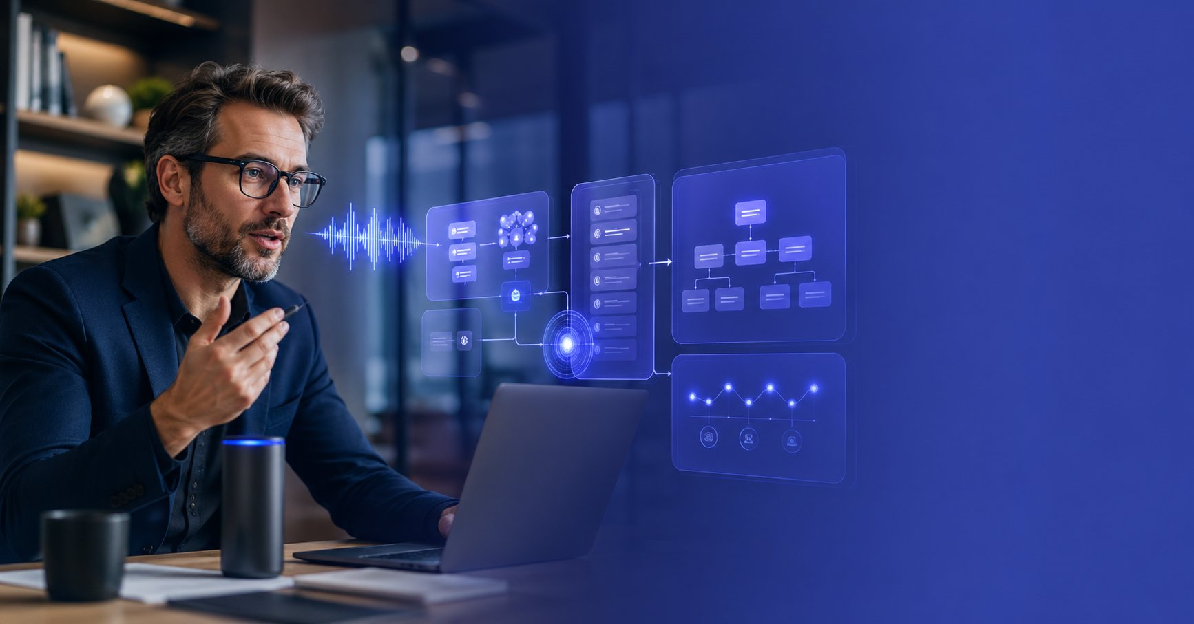 Image of someone talking to a computer and it converting it into structure