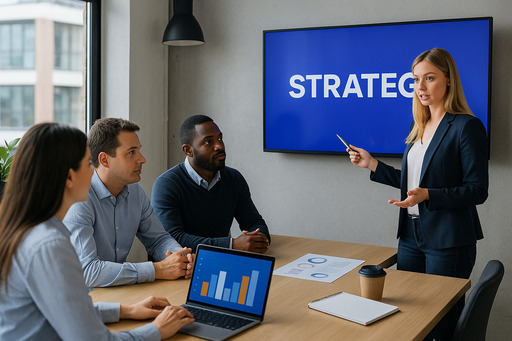 An agency owner standing in front of a screen discussing strategy with a small audience