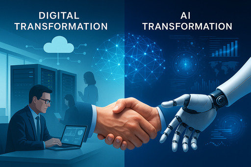 A split screen image representing digital and AI transformation