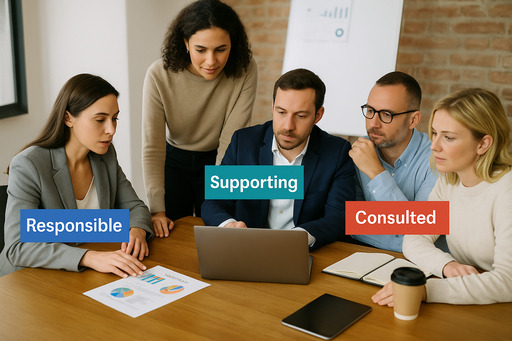 A group of people working on strategy with RASCI labels