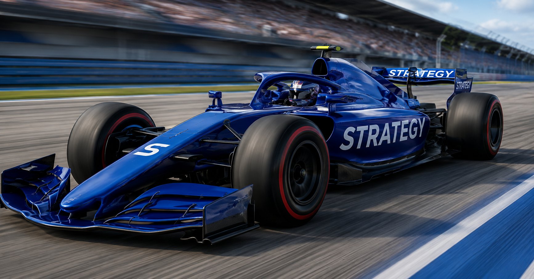 A picture of an F1 racing car with the word "strategy" written on it