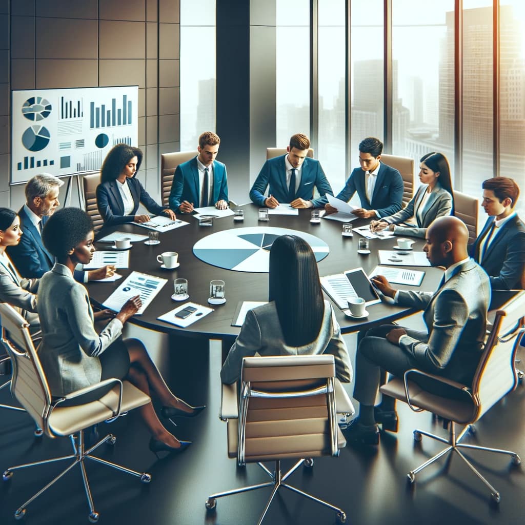 An image of a diverse committee seated around a boardroom table