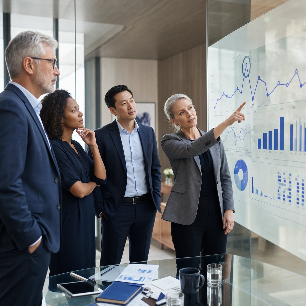 An executive team examining financial charts and strategy diagrams on a glass board.